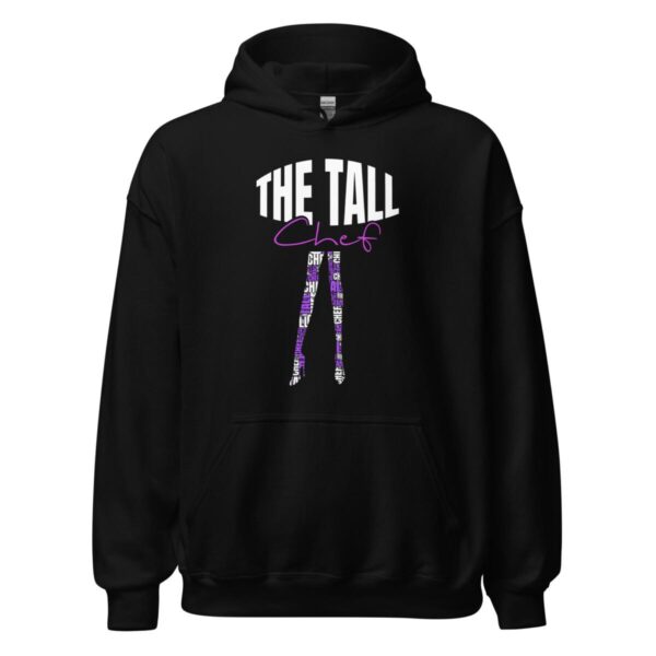 the tall chef black sweatshirt with white and purple writing