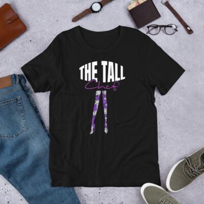 the tall chef black t-shirt with white and purple writing